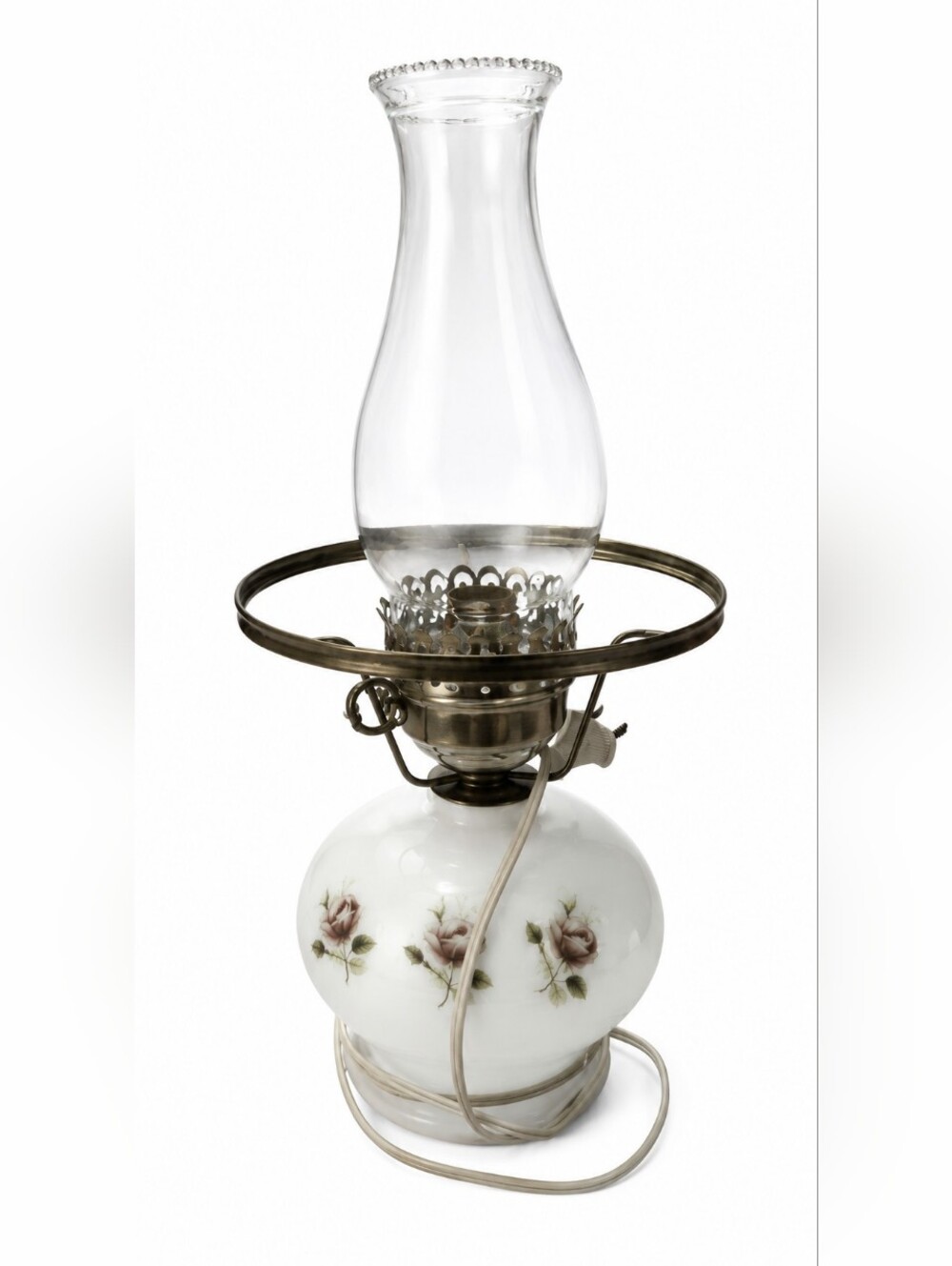 Vintage Electric Hurricane Oil Lamp White Floral Glass Table Lamp with Glass
